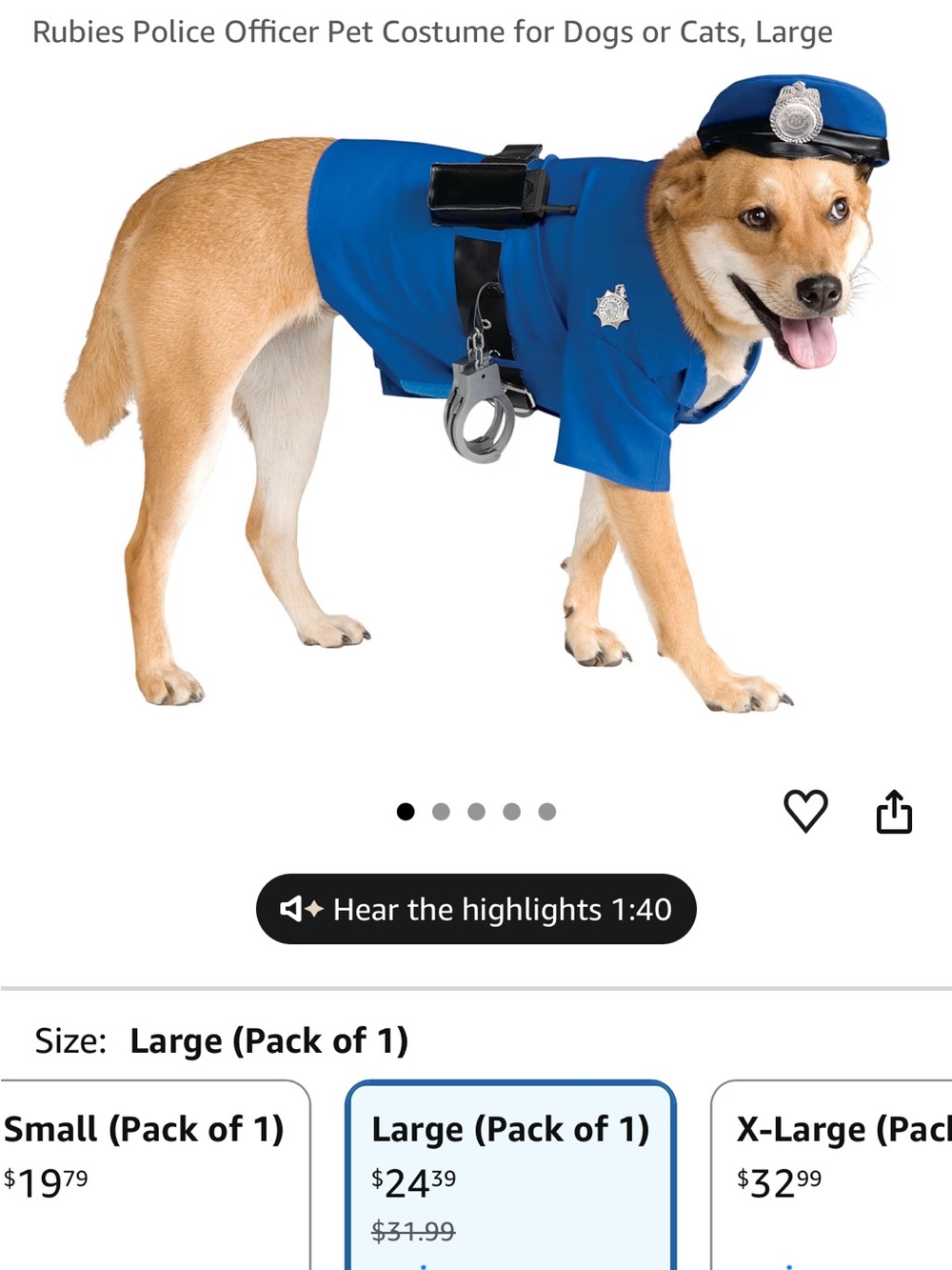 NWT Rubie's Police Dog Costume